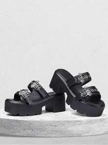 Womens Platform Sandals Round Open Toe Chunky Heel Goth Slipper Metallic Buckles Comfortable Slip On Breathable Home Beach Outdoor Casual Walking Easter Spring Summer Black Sandals For Women - 黑色 - 查看 7