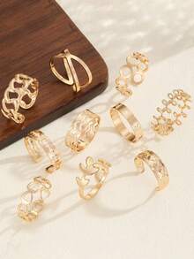 10件金色戒指套装欧美复古十字架叶子镂空爱心不对称戒指简约百搭 - 金色 - 查看 3