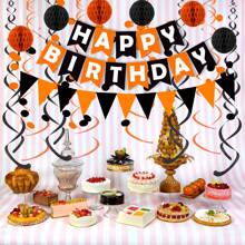 Black Orange Happy Birthday Banner Paper Triangle Flag Bunting Circle Confetti Dots Hanging Garland And Honeycomb Ball Swirl Streamers For Birthday Baby Shower Halloween Party Decoration Home Decor Halloween Decor Fall Decor Room Decor
