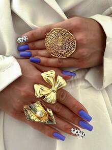 Nocturel 1/4pcs Vintage Fashion Exaggerated Metallic Geometric Wavy Crinkle Faux Pearl Rings, Unique Sweet Punk - Yellow Gold - View 11