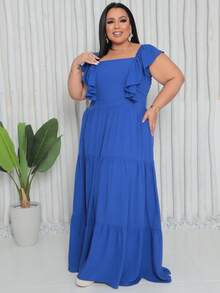 Vestido Plus Size Longo Com Babado No Hombro Tendencia - Azul Royal - Visão 4