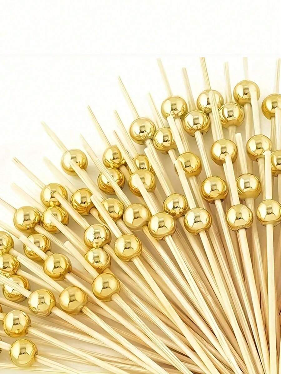 500/200/100PCS Cocktail Picks, Fancy Toothpicks For Appetizers, Decorative Skewers For Appetizers Drinks Party Fruit, 4.7 Inch Long Wooden Bamboo Gold Ball Food Sticks Charcuterie Boards Accessories