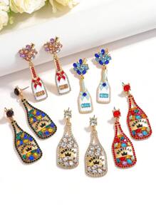 2pcs Creative Alloy Enamel Inlaid Pearl & Rhinestone Wine Bottle Earrings, Bow Tie Wine Bottle Jewelry, Suitable For Women's Daily, Costume Ball, Party, Celebration Occasions