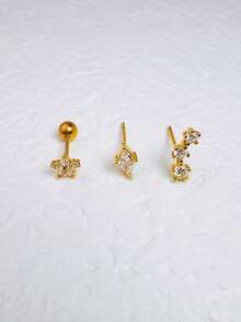 3 件时尚方形锆石可堆叠耳钉，适合女士，14K 镀金不锈钢方晶锆石独特花朵蝴蝶耳钉套装优雅穿孔珠宝，适合软骨耳屏耳轮耳垂，适合女士 - Gold-2# - 查看 2