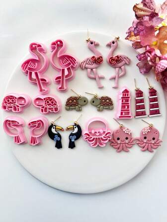 夏季动物聚合物粘土切割器 - 火烈鸟 & 海龟 & 虎斑猫 & 章鱼形状，可爱软陶粘土模具 DIY 耳环项链珠宝切割陶艺工具 - 软粘土切割模具 - 用于手工耳环制作 - 适合初学者和珠宝艺术家，聚合物粘土耳钉制作工具，粘土珠宝制作套件，粘土耳环模具，由 PLA 制造