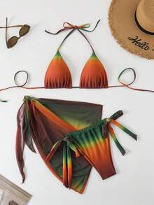 SEGT Women's 3 Piece Swimsuit Halter Side Tie Thong Bikini Set With Cover Up Skirt - Grey Multi - 查看 10