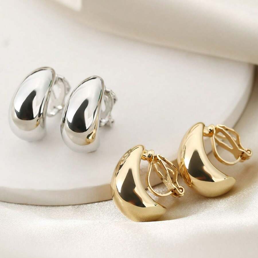 1 par de clips de oreja en forma de lágrima de estilo francés de lujo ligero, pendientes geométricos de moda sin agujeros en las orejas