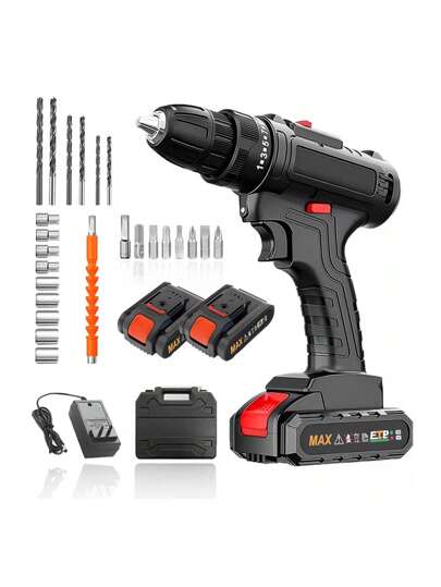 CASALIVA Kit de Taladro Inalámbrico Desatornillardor Electrico, 50N.m, Ajuste de Par de 25+1, Desatornillador Eléctrico con 2 Baterías Recargables y 26 Accesorios