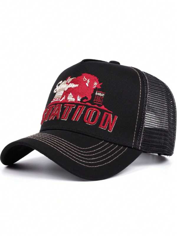 1pc Vintage Patchwork Color Bull & Motorcycle Embroidery Baseball Cap, Unisex Sun-Shading Mesh Truck Hat, Outdoor