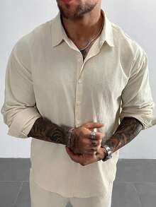 GloMan 男士 100% 亚麻棉混纺衬衫 - 透气落肩纽扣衬衫，纯色宽松版型，从度假到办公场合皆宜，适合海滩婚礼、鸡尾酒会和夏季通勤，父亲节送给爸爸/丈夫的礼物，黑色男士衬衫。送给妈妈的礼物 - 杏色 - 查看 4