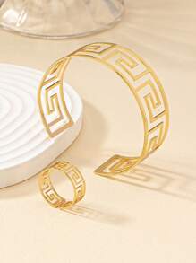 2pcs Fashion Geometric Hollow Gold Metallic Bangle & Ring Jewelry Set, Suitable For Daily Wear, Banquet And Party