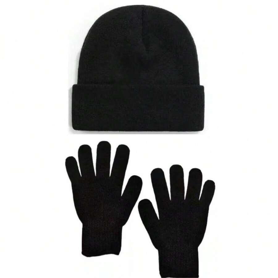 Winter Kit Hat And 01 Pair Of Plain Black Gloves One Size Adult Female And Male - Black - View 1