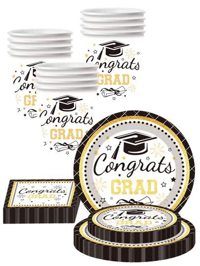 Set di stoviglie monouso per laurea, colore nero e oro - 10 pezzi, piatti da 9/7 pollici, bicchieri da 9 once e tovaglioli con stampa di tocco da laurea e diploma, adatto per feste di laurea, celebrazioni e raduni all'aperto