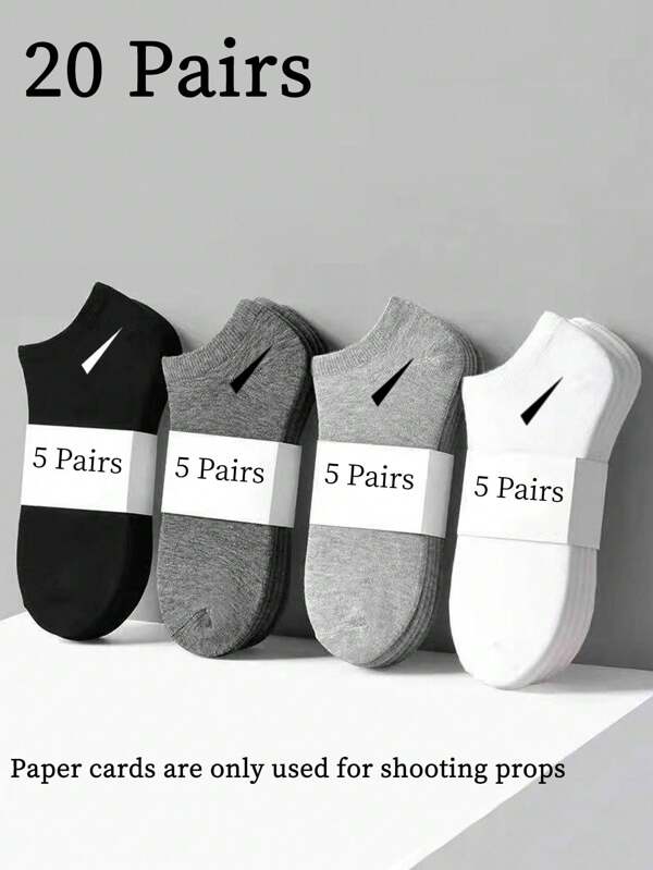 20 Pairs Unisex Black, White, Grey Breathable Moisture-Wicking Casual Boat Socks, Simply And Comfortable For Daily Wear