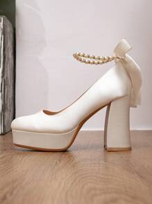 Fashionable Faux Pearl Bow Bridal Shoes, Bridesmaid Shoes, Light Apricot Satin Waterproof Platform Thick Heel Round Toe High Heels For Women,Party Outfits,Wedding Outfits