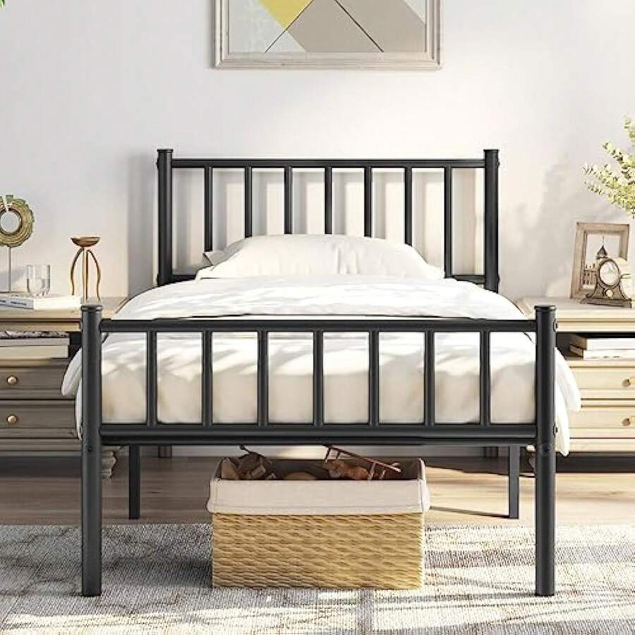 Black Metal Twin Bed Frame With Headboard And Footboard, Platform Bed - 1 - View 1