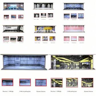 Meiduoxing 1:64比例立体停车场汽车车库模型拼装LED灯光汽车车库背景展示场景模型套装汽车玩具车库场景仓储