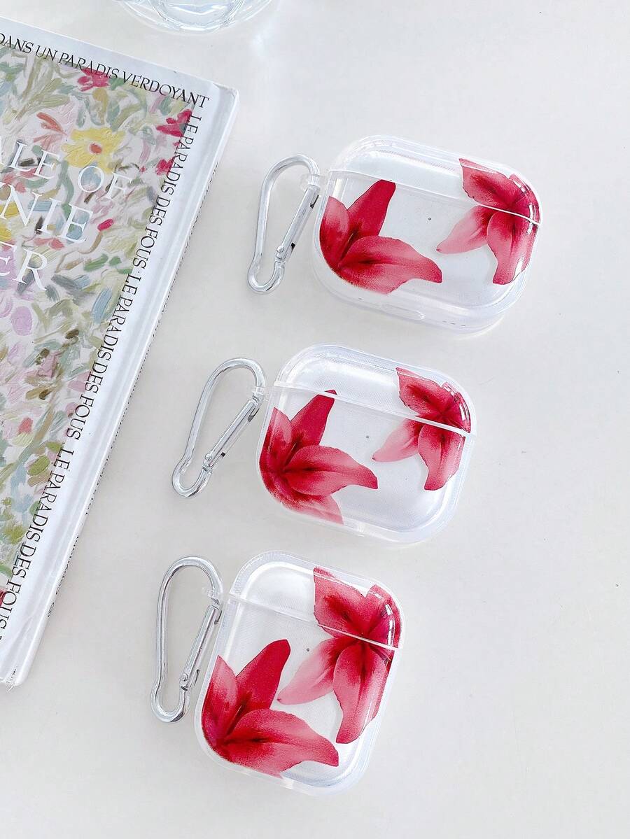 Estuche para auriculares con flor de lirio realista, estuche para auriculares con flor roja, estuche para auriculares transparente con 1 clip colgante, compatible con estuche para AirPods, auriculares, compatible con estuche para AirPods Pro 3, compatible con Pro (2.ª generación), compatible con 3, compatible con Pro, compatible con 1/2, compatible con estuche para AirPods 4