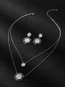 1set Elegant Hexagon Mother-Of-Pearl Necklace & Earrings Jewelry Set, Perfect For Parties And Daily Wear