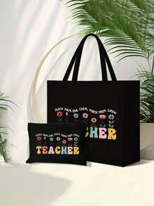 Bolsos de lino con impresión de palabras "Profesor", patrones de flores, letras con patrones de dibujos animados y animación. Incluye bolso cosmético con cremallera, bolso de aseo portátil, bolso de maquillaje, bolso de almacenamiento portátil de gran capacidad, bolsas grandes, bolsas de compra negras, monederos, regalos de agradecimiento para maestros y bolsos de lino de gran capacidad para mujeres. Adecuado para turismo, compras y actividades de playa, de vuelta a la escuela.