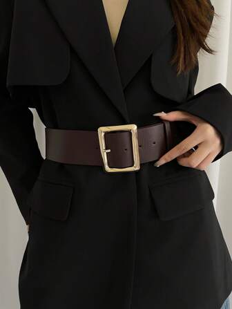 1 pieza Vestido midi elegante de mujer de color café con cintura ceñida de piel de PU, para verano, escuela, otoño, Halloween