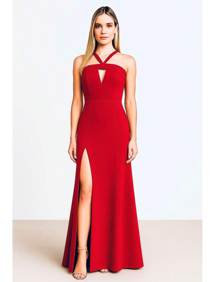 vestido de festa barato em crepe sereia com fenda 02 lilas fúscia marsala e mais cores - Vermelho - Visão 1