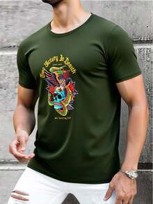 King T-shirt Playera de Hombre Estampada con Diseño Gráfico Frontal Cráneo, Serpiente, Alas y Flores y texto "True Victory in Death", Camiseta Casual 100% Algodón Suave y Cómoda, Ideal para Uso Diario, Estilo Urbano Masculino Top Moda, Ropa Moderna para Hombre Adulto en Varios Colores - Verde militar - Ver 2
