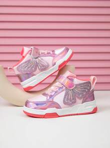 1 Pair Girls' Sweet Polyamide Princess Style Shoes With Butterfly Embroidery, Cute High Top Children Canvas Shoes With Shiny Leather Surface, Suitable For All Seasons, Colorful Outsole Sports Sneakers
