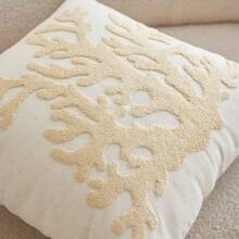 1pc Beige Coral Embroidery Cushion Cover - Linen Fabric With Tassels On Four Corners, Suitable For Modern Country Style Interior Decor, Sofa Throw Pillow Case/Cushion Cover, Daily Use & All-Season Decor, Insert Not Included