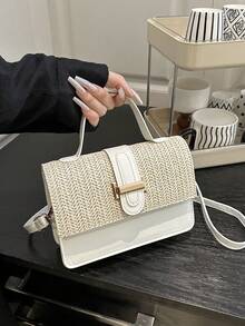 2026 Summer Straw Woven Small Handbag For Women, Fashionable Solid Color Shoulder Crossbody Square Bag - Beige - View 4