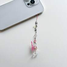 Original Design Y2K Style Cute Summer Cooling Handmade Crystal Beaded Imitation Cocktail Drink Pink Mobile Phone Lanyard Charm, Earphone Case Strap