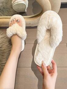Women's Solid Color Fluffy Herringbone Pattern Flat Slippers, Non-Slip Soft Plush Casual House Slippers, Cute For Indoor & Outdoor Wear, Autumn/Winter, White