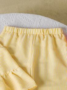 Left Mama Girls Cute Simple Striped Sleeveless Bow Top And Straight Leg Pants Set, Summer