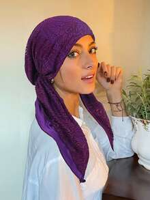 Bestselling Women Lace Edge Elastic Plain Color Muslim Turban Head Wrap Cap For Dress - Multicolor - View 11