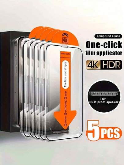5 片装超高清钢化玻璃屏幕保护膜，适用于 15 Pro Max/16 Pro Max/16/16e/15/14/13/12/11/Plus/Mini/XS Max/XR/X，一键贴膜器，9H+ 钢化玻璃膜，防指纹，全覆盖，适用于手机壳，防水防震防摔防刮