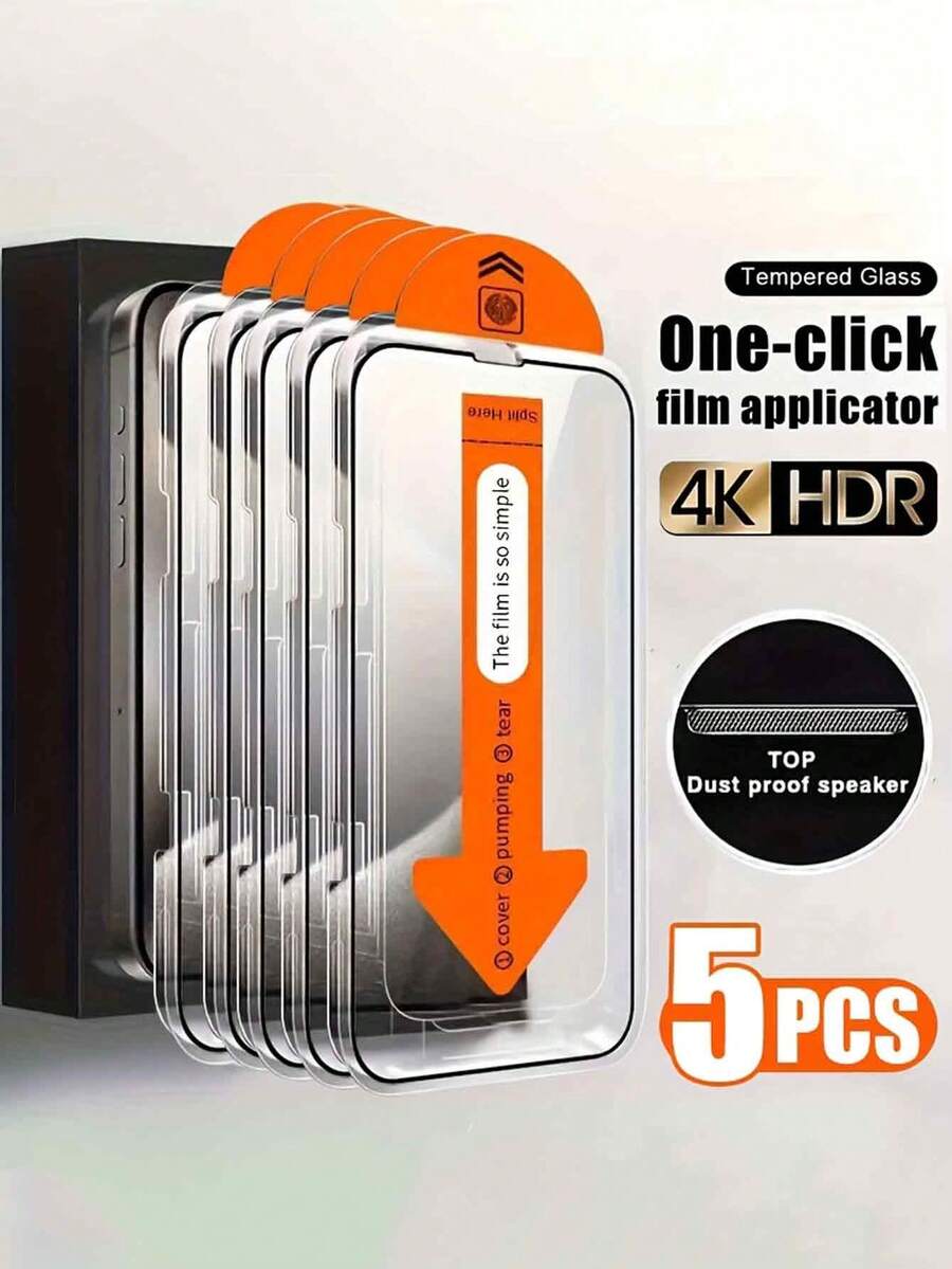 5 Packs Ultra HD Tempered Glass Screen Protector Compatible With IPhone 15 Pro Max/16 Pro Max/16/16e/15/14/13/12/11/Plus/Mini/XS Max/XR/X, One-Click Film Applicator, 9H+ Tempered Glass Film, Anti-Fingerprint, Full Coverage, Case Friendly Waterproof Shockproof Anti-Fall Scratch Resistant - Clear - View 1