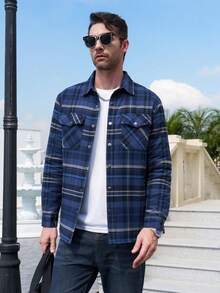 Cotrasen Men's Cotton Flannel Plaid Jacket Winter Warm Quited Lined Shacket Windproof Outwears With 5 Pockets - Blue Gray - View 6