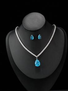 1 Set de 3 piezas Joyería de Moda de Alta Gama Minimalista con Collar y Aretes de Circonita, Colgante en Forma de Gota de Agua, Vestido de Novia Boda Compromiso Fiesta de Noche Vacaciones Uso Diario Regalo para Mujeres - gotitas de agua - Ver 6