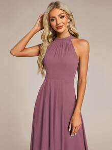 Elegant Ruffle Backless High-Low Hem Chiffon Light Pink Bridesmaid Dress, Wedding Guest Dress, Mid-Length Dress, Suitable For Weddings, Holiday Parties, Formal Dinners, And Other Occasions - Dusty Pink - View 6