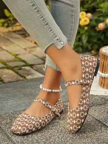 Cross-Border Trade Plus Size 35-43 New Fashion Brown Floral Print Square Toe Flat Shoes, Daily Wear Slip-On Single Strap Pair With Dresses, Randomized Vamp Pattern - Small Brown Flowers - View 6