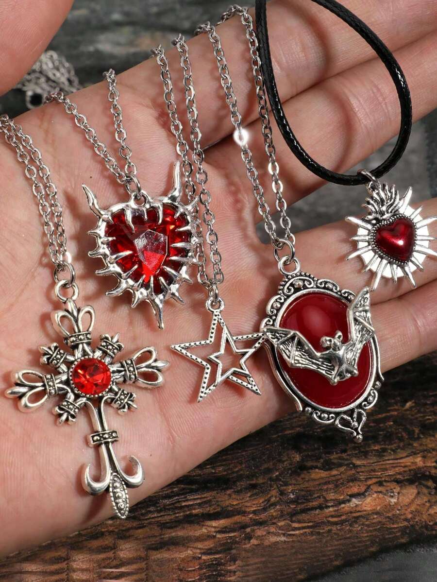5 Stücke/Set Y2K Retro Goth Punk Rock Stil Strass Kreuz Dorn Herz Edelstein Fledermaus Feuer Herz Stern Edelstahl Ketten Halsketten, Boho Chic Herz Schloss Anhänger Halsketten Set