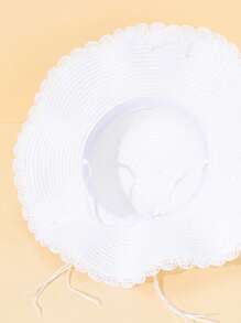 1pc Women's Khaki Wave Beach Sun Hat With Faux Pearl & Bowknot Detail, Elegant Beach Travel Vacation Sun Hat