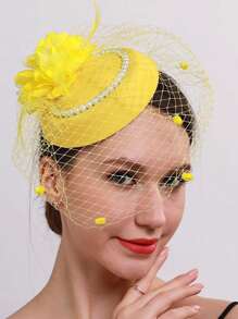 1 Stück Damenhut im europäischen und amerikanischen Stil mit Perlen, Retro Kopfschmuck mit Schleier und Federschmuck, Braut Haaraccessoire