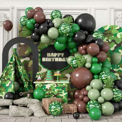 Conjunto de arco e guirlanda de balões camuflados com 102 peças, balões de látex verde camuflado, verde abacate e preto. Ideal para decoração com tema militar, aniversário de menino, chá de bebê, caça, camping e selva.