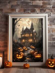 1 Stück gerahmte Leinwand Wandkunst, bereit zum Aufhängen, wasserdicht, Wandkunst, Poster, gerahmtes Wandgemälde, Herbst, Halloween, Horror Spukhaus Leinwandgemälde, Kürbis Party Wandkunst, gotische Halloween Dekoration, Heimdekoration, Herbstdekoration, Raumdekoration - Verschiedenfarbig - Übersicht 13