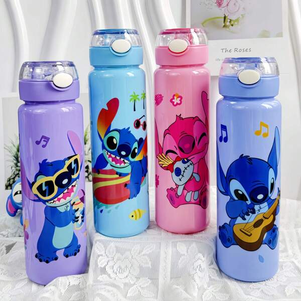 Disney Stitch Cartoon Transparent Sport Water Bottle, Leakproof With Pop-Up Lid, Suitable For Fitness, Running, Gift For Her, Birthday, Mother's Day, Portable And Fashionable