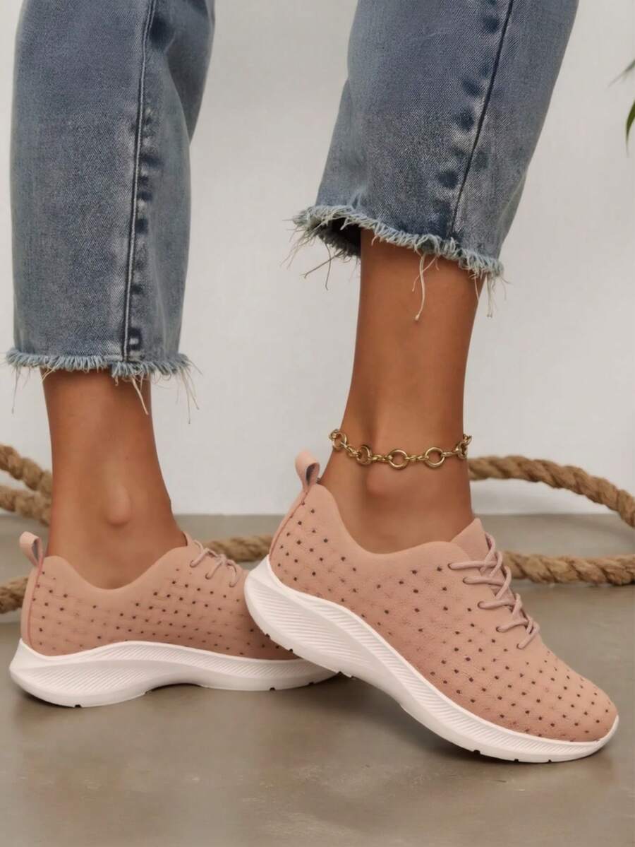 RevReaL Lightweight Knit Lace-Up Sneakers with Contrast Sole純色Preppy學院 - 粉色 - 查看 1