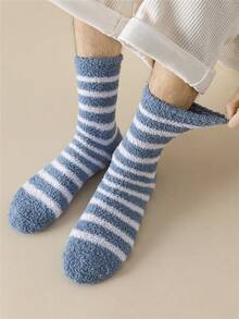 2 双男式舒适纯色温暖柔软毛绒条纹黑色袜子舒适蓬松四分之一袜子