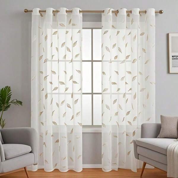 2 piezas de cortinas de tul bordadas con hojas semitraslúcidas y elegantes, que filtran la luz, simples, de decoración de ventana para privacidad, diseño de 8 ojales para varilla, aptas para dormitorio, comedor, sala de estar, casa de campo, cafetería, pasillo, patio, disponibles en múltiples tamaños