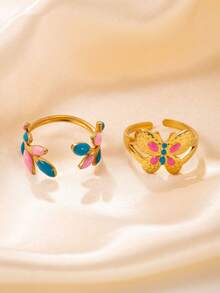 2 件不锈钢时尚金色开口戒指套装，彩色叶形，适合女性日常佩戴或作为礼物 - 金黃色 - 查看 2